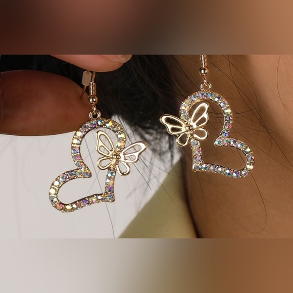 Gold Heart Butterfly Multicolored Earrings - Picture 1 of 5